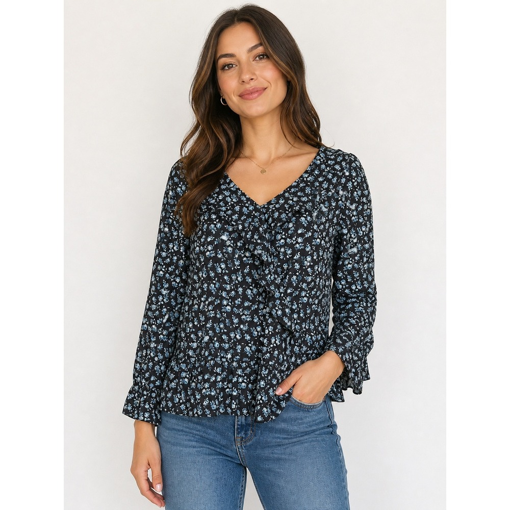 Alison Andrews Blouse Navy Floral‎ Ruffle Peplum Cottagecore Romantic Large NWT